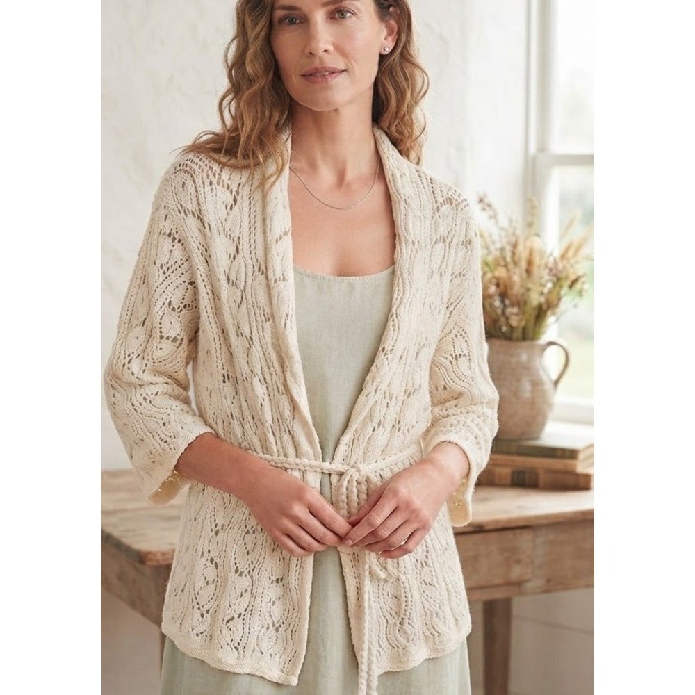 Vtg J Jill Sweater Pointelle Cardigan Womens Sz M Ivory Coastal Garden Cottage